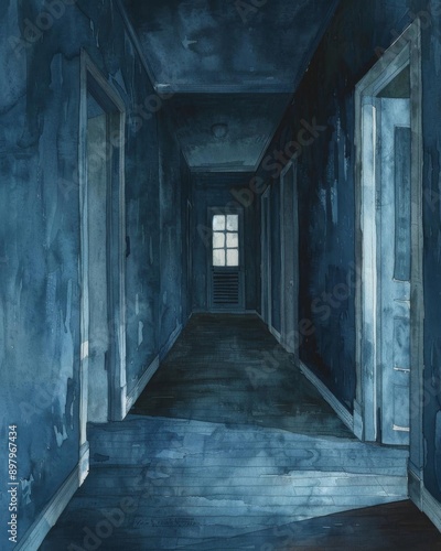 A ghostly apparition in a haunted house corridor, eerie detail, watercolor art, isolated on white background