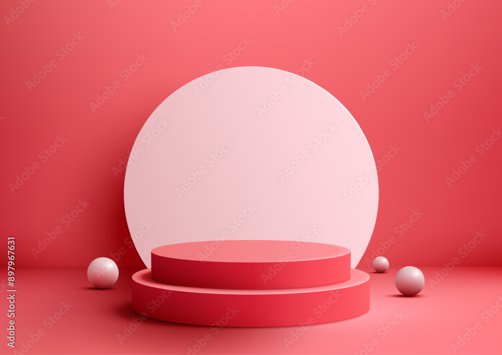 Modern 3D Scene with Red Circular Podium and Backdrop for Showroom and Showcase Modern 3D Scene with Red Circular Podium and Backdrop for Showroom and Showcase