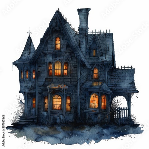 A haunted house with glowing windows, eerie spirits, watercolor illustration, isolated on white background photo