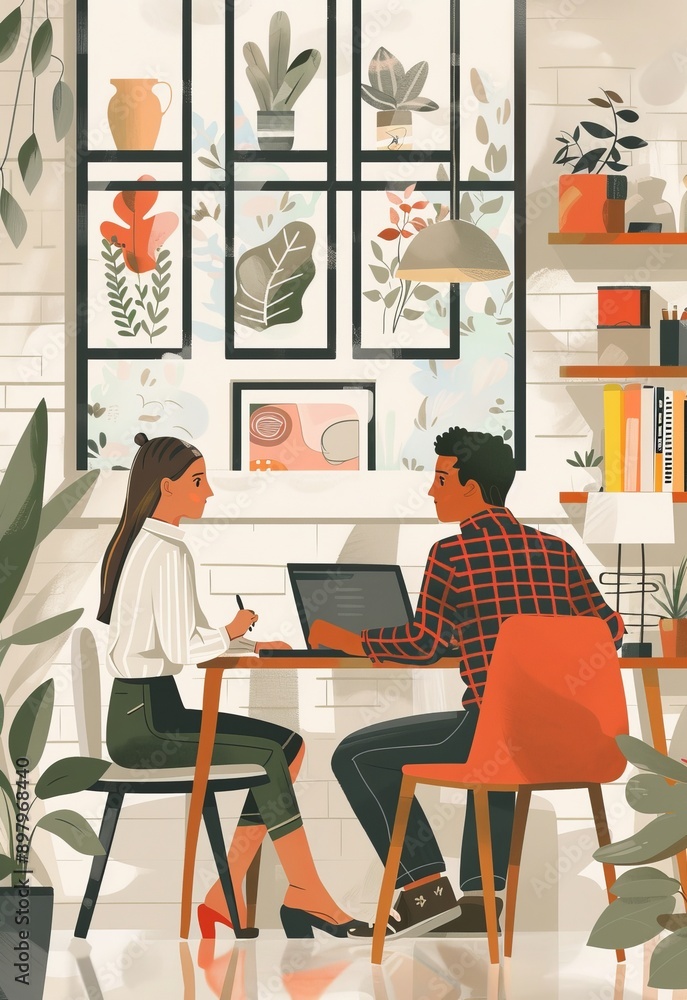 Vector illustration of a young couple working on a laptop in the office Vector illustration of a young couple working on a laptop in the office