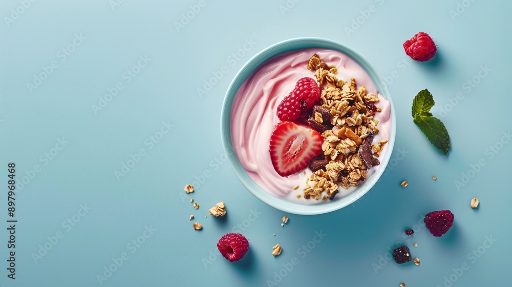 Clear and sharp flat lay of a minimalist breakfast bowl with granola and yogurt Clear and sharp flat lay of a minimalist breakfast bowl with granola and yogurt