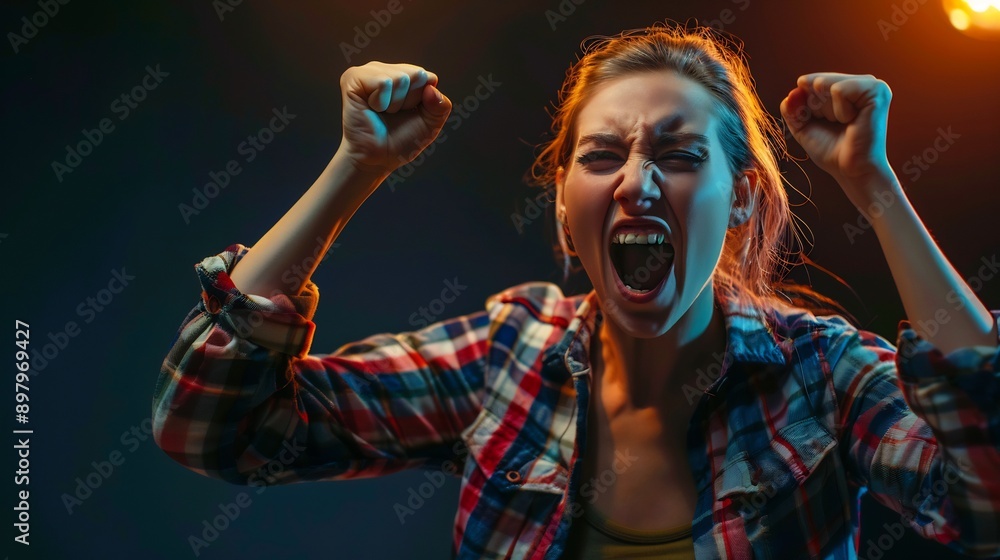 Portrait of joyful woman screaming with arms raised Portrait of joyful woman screaming with arms raised