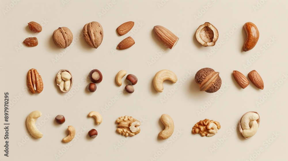 Minimalist flat lay of assorted nuts and dried fruits, captured in ultra-sharp and clear 3D drawing techniques Minimalist flat lay of assorted nuts and dried fruits, captured in ultra-sharp and clear 3D drawing techniques