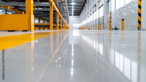 Epoxy resin foundation for an industrial warehouse  durable and smooth surface  reflective and easy to clean  practical and modern design