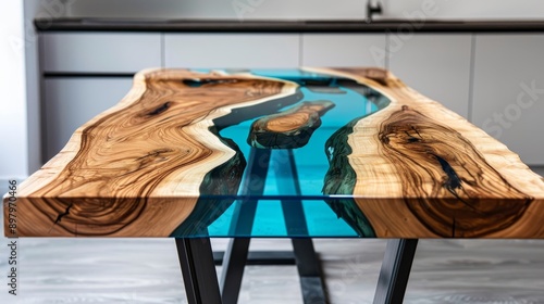 Epoxy resin river table, sleek and artistic, natural wood combined with clear blue resin, glossy finish, intricate details and flowing patterns