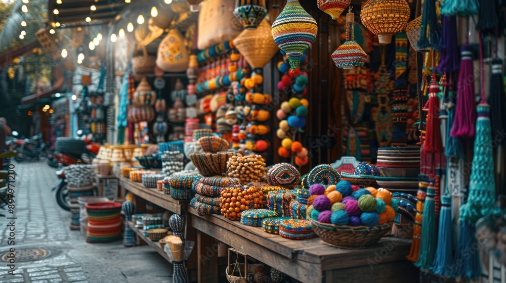 Fototapeta premium Vibrant Hispanic Market Stall: Cultural Commerce at a Traditional Craft Fair | Sony A7 IV