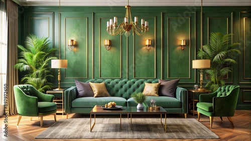 Luxurious green living room with sleek gold accents, velvet sofa, and vibrant wall decor, exuding modern sophistication and elegant harmony in a peaceful atmosphere.