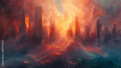 Apocalyptic cityscape in flames - generative ai photo