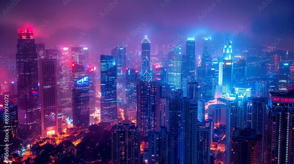 Fototapeta premium The night view of the urban skyline blends high-rise and low rise buildings, showcasing architectural diversity and urban beauty.