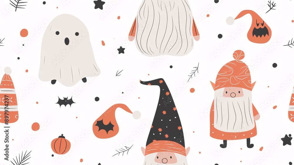 Spooky Gnome Fest: A whimsical Halloween pattern featuring adorable gnomes, friendly ghosts, and festive details. Spooky Gnome Fest: A whimsical Halloween pattern featuring adorable gnomes, friendly ghosts, and festive details.