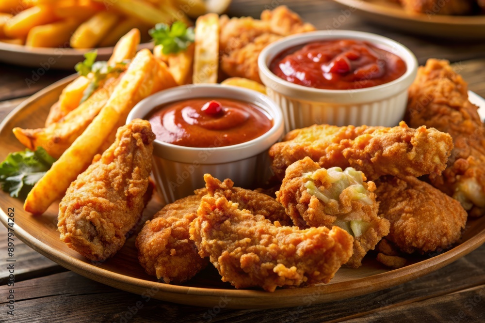 Savory close-up of crispy grilled chicken fingers and wings, golden French fries, and dipping sauce, arranged artfully on a plate, evoking appetizing satisfaction. Savory close-up of crispy grilled chicken fingers and wings, golden French fries, and dipping sauce, arranged artfully on a plate, evoking appetizing satisfaction.
