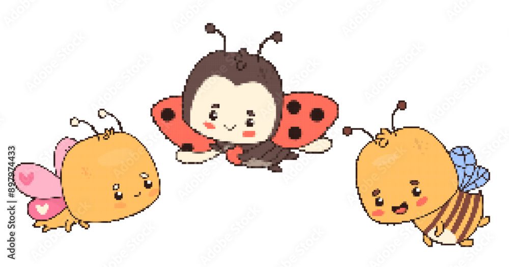 Naklejka premium Cute flying bee, butterfly and ladybug with heart. Pixel-art set. Isolated funny pixelation insect character. Vector illustration