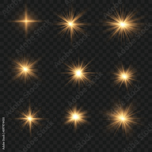 Set of golden light starbursts on a dark transparent background. Vector illustration