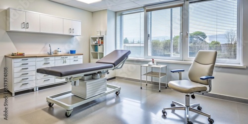Hospital consultation room with exam table, medical equipment, and empty doctor's chair, ready for patient examination with a sterile and calming atmosphere.