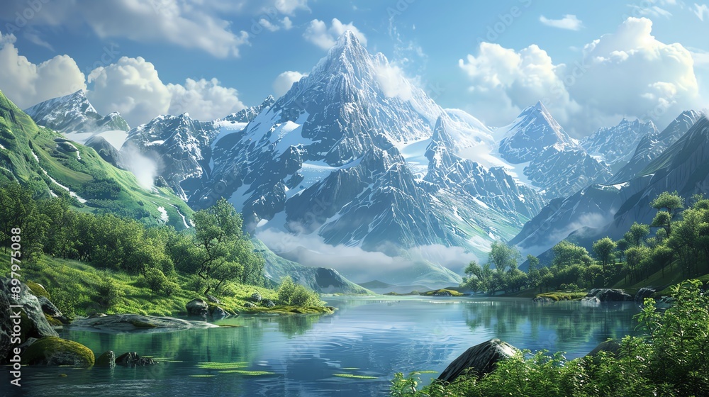 A breathtaking mountain landscape with a clear lake, lush greenery, and a snowy peak A breathtaking mountain landscape with a clear lake, lush greenery, and a snowy peak