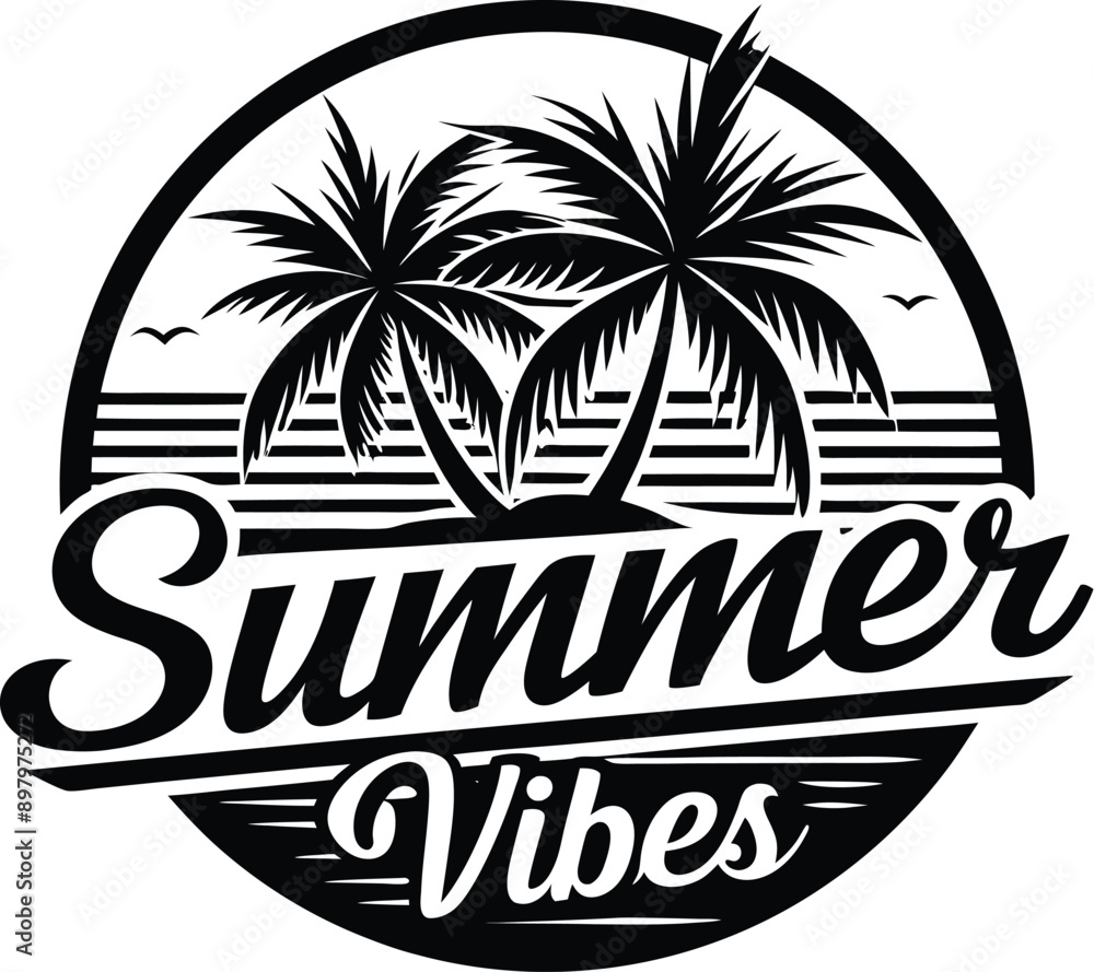 Fototapeta premium Silhouette of summer vibes on the beach concept Black line art