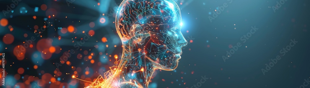 A futuristic human figure with glowing muscles and nerves, showcasing digital connections A futuristic human figure with glowing muscles and nerves, showcasing digital connections