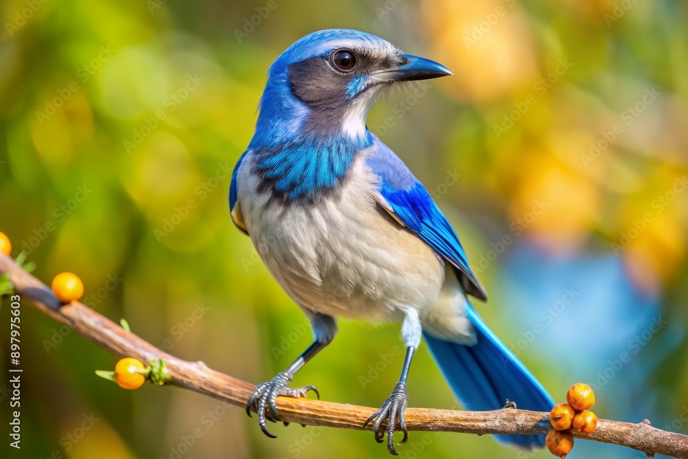 Vibrant Florida scrub jay perches confidently on branch, feathers glistening in sunlight, showcasing bold crest, bright blue and white plumage, and striking black necklace. Vibrant Florida scrub jay perches confidently on branch, feathers glistening in sunlight, showcasing bold crest, bright blue and white plumage, and striking black necklace.