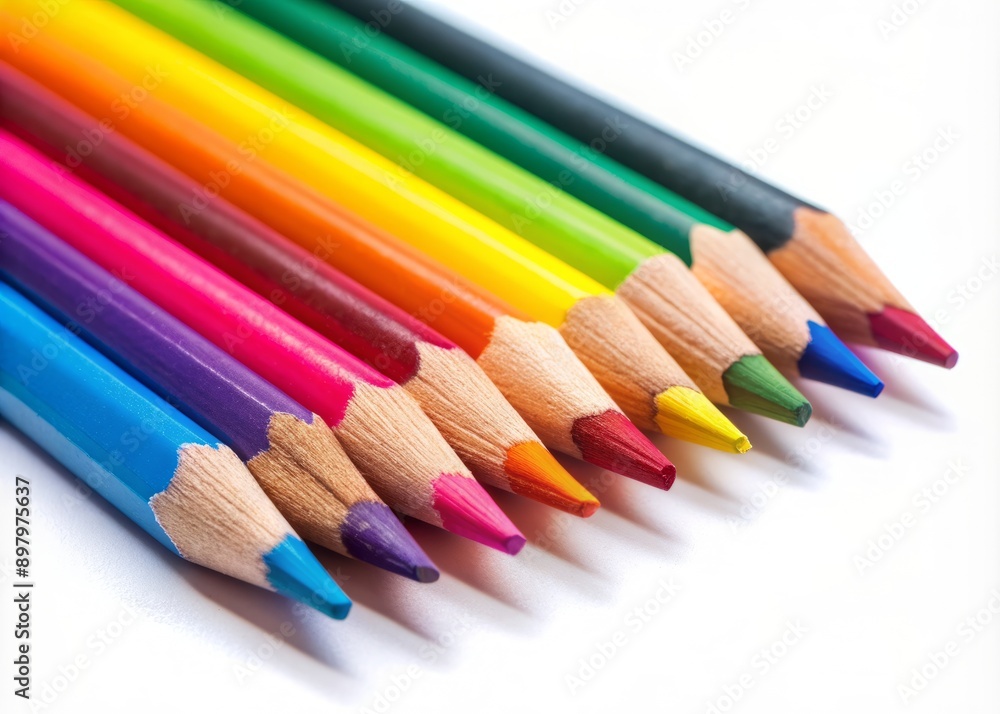 Vibrant colored pencil lies isolated on a pristine white background, its pointed tip and bright hues evoking creativity and inspiration in a still life composition. Vibrant colored pencil lies isolated on a pristine white background, its pointed tip and bright hues evoking creativity and inspiration in a still life composition.