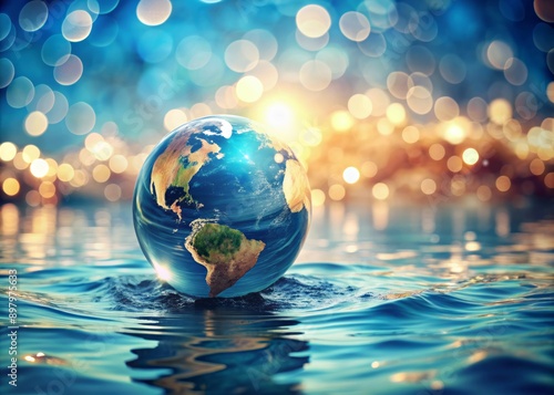 Globe partially submerged in rippling water, surrounded by circular bright blue bokeh patterns, with a banner featuring earthy tones and water-inspired typography elements. photo