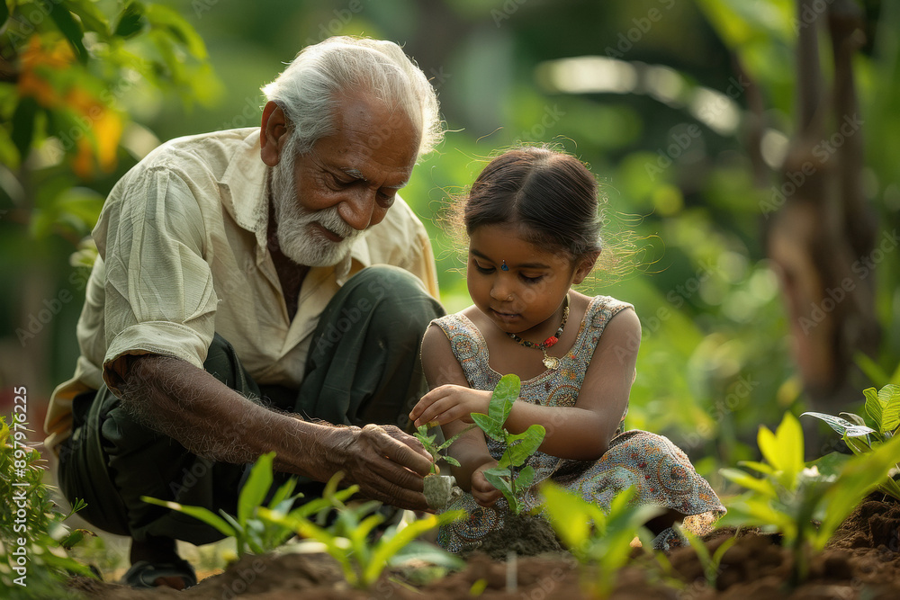 indian grandfather and granddaughter seeding plant indian grandfather and granddaughter seeding plant