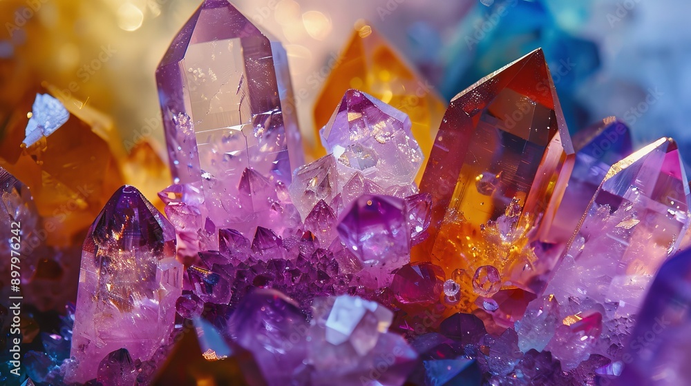 A vivid, enchanting display of a crystal garden is showcased, featuring a diverse array of brightly colored crystals and minerals. A vivid, enchanting display of a crystal garden is showcased, featuring a diverse array of brightly colored crystals and minerals.