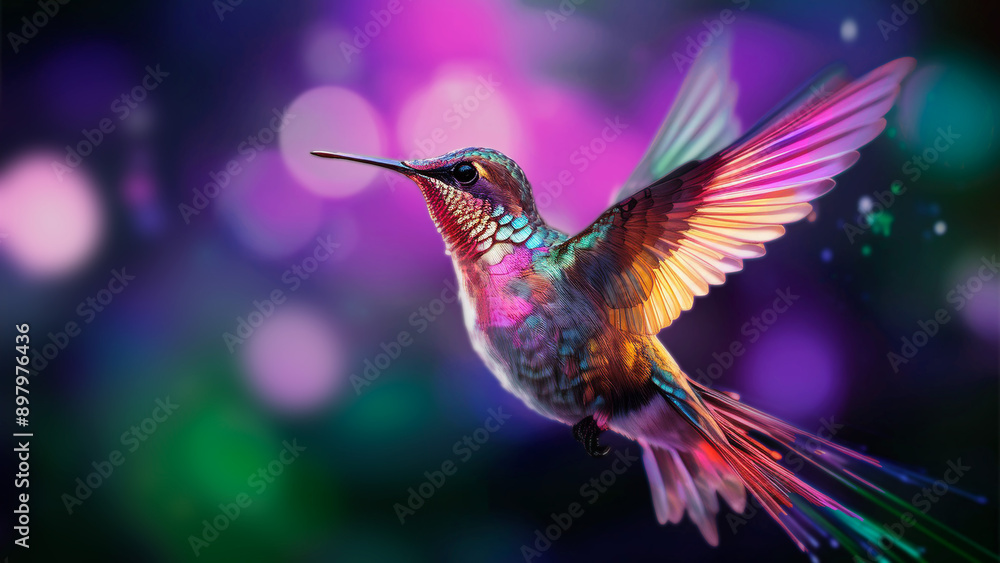 Naklejka premium Colibrí volando con profundidad de campo en tonos morados 