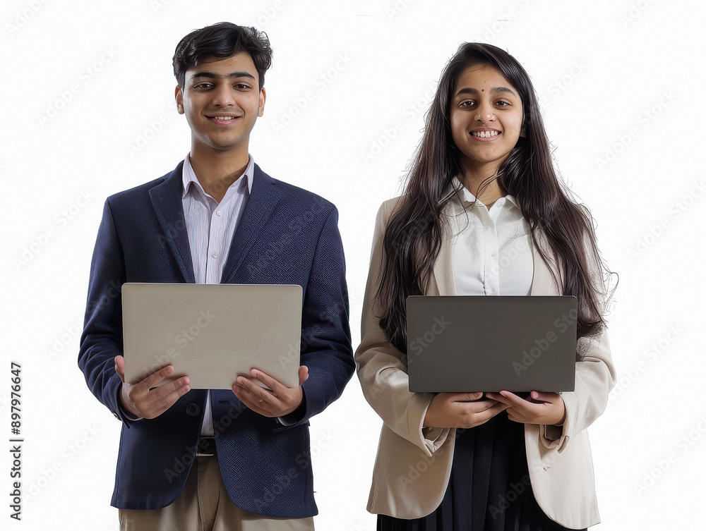 indian college student holding laptop on white background indian college student holding laptop on white background
