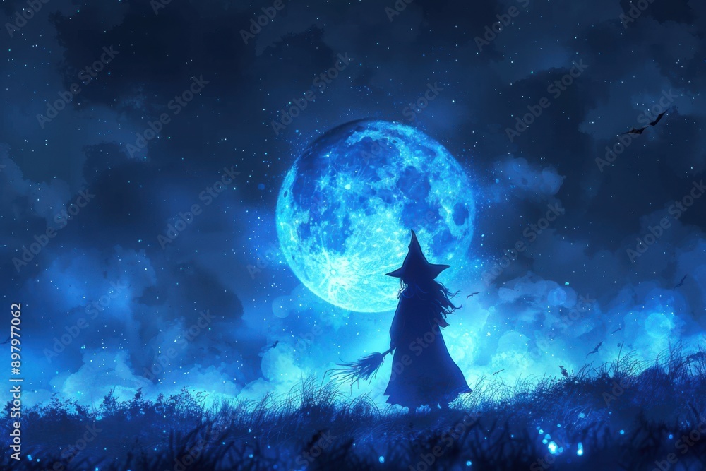 A silhouette of a witch flying on a broomstick against a large, glowing blue moon in a starry night sky, creating a mystical and magical Halloween scene. A silhouette of a witch flying on a broomstick against a large, glowing blue moon in a starry night sky, creating a mystical and magical Halloween scene.