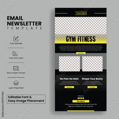 Fitness communication editable email newsletter template for gym exercise website ui header or landing page design