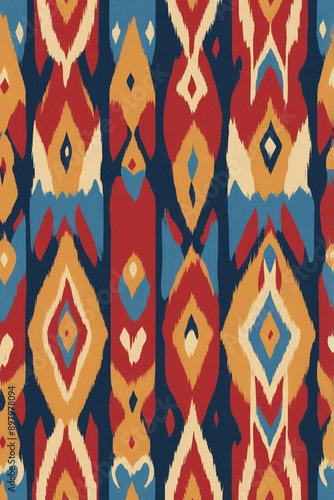 A vibrant traditional Indonesian ikat pattern. The design features intricate, symmetrical motifs, showcasing the rich cultural heritage and craftsmanship of Indonesia.