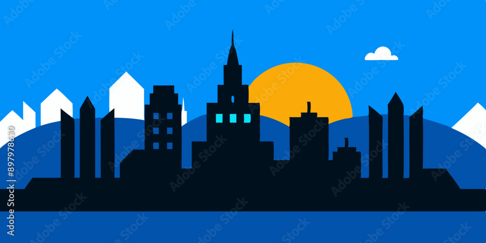 Flat Minimalistic Sunrise City Vector Art: Perfect for Contemporary Projects Flat Minimalistic Sunrise City Vector Art: Perfect for Contemporary Projects