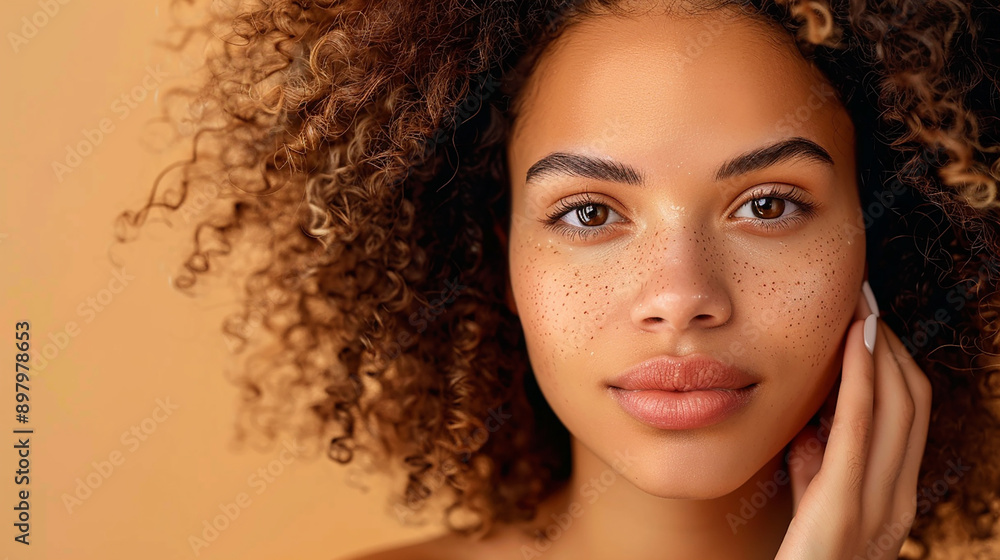 Close-up portrait of a young woman with beautiful curly hair and freckles, highlighting natural beauty and diverse features. Close-up portrait of a young woman with beautiful curly hair and freckles, highlighting natural beauty and diverse features.