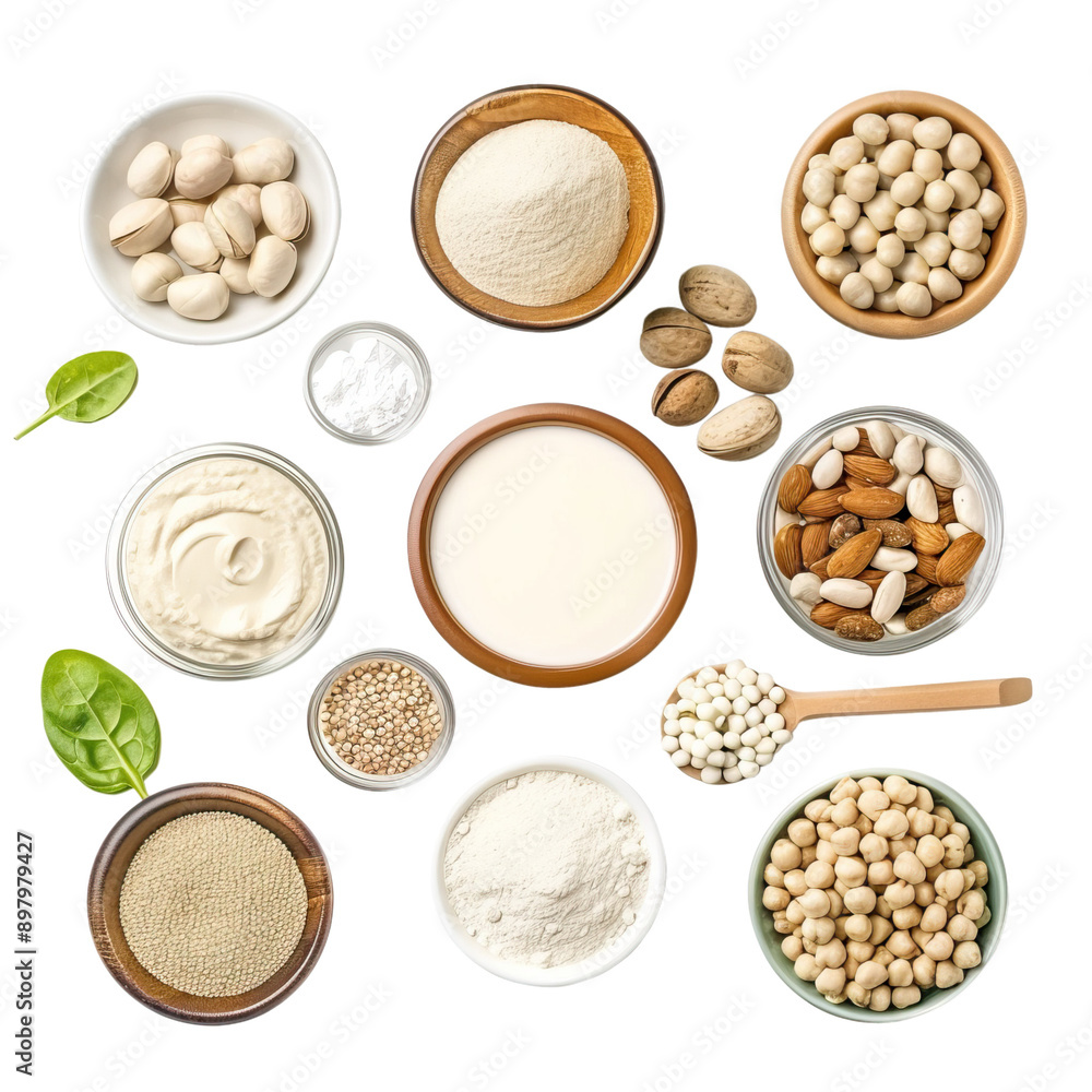 Set of various vegan protein products including nuts, seeds, powders, and dairy alternatives in bowls and spoons. The items are arranged neatly and isolated on a transparent background. Set of various vegan protein products including nuts, seeds, powders, and dairy alternatives in bowls and spoons. The items are arranged neatly and isolated on a transparent background.