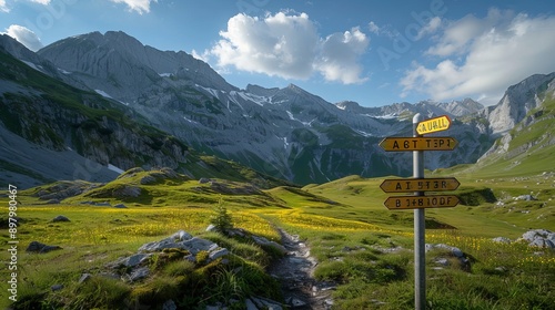Wallpaper Mural Mountaineering signposts and markings on the slopes of the Melchtal alpine valley in the Uri Alps mountain massif, Kerns, Canton of Obwalden, Switzerland. Torontodigital.ca