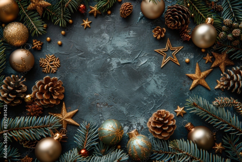 Festive Christmas frame with decorations on a dark background. Festive Christmas frame with decorations on a dark background.