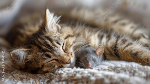 A cat and cute mouse taking a nap together. Unlikely bedfellows. Amusing image. photo