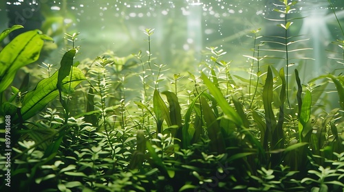 Sunlight filtering through lush green aquatic plants © Arbystudio