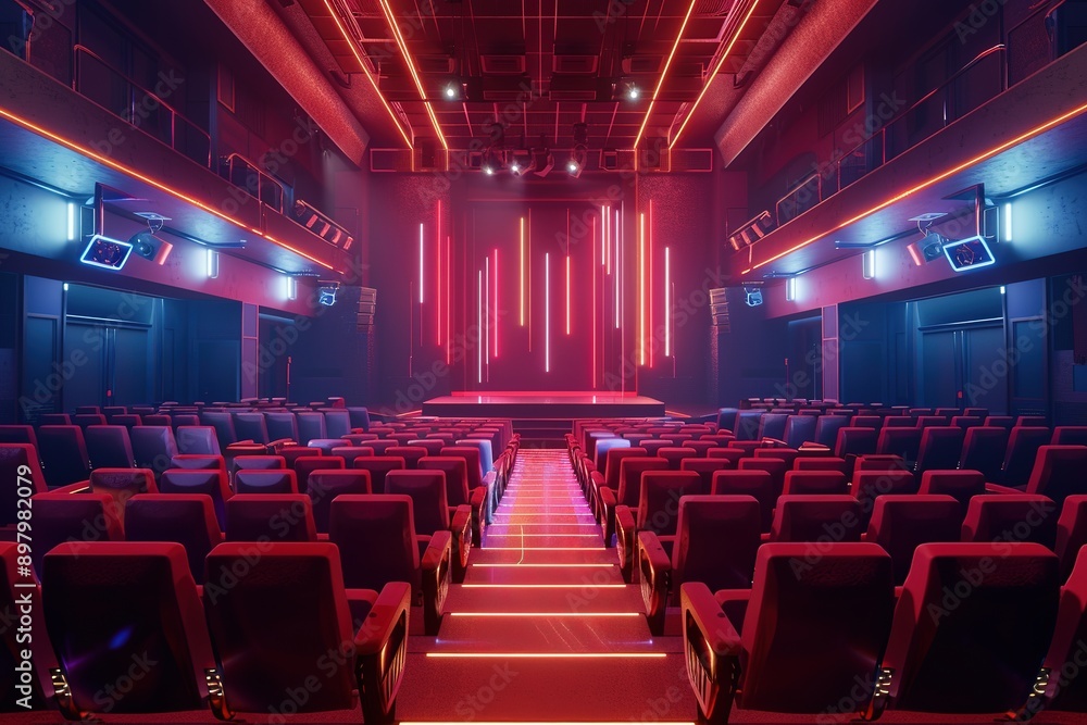 Empty Cinema Hall with Red Seats and Neon Lights. Illuminated Stage with Movie Equipment and Light Decorations. Dark Blue Color Scheme Rendered in Unity Engine with Unreal Renderer Style. Empty Cinema Hall with Red Seats and Neon Lights. Illuminated Stage with Movie Equipment and Light Decorations. Dark Blue Color Scheme Rendered in Unity Engine with Unreal Renderer Style.