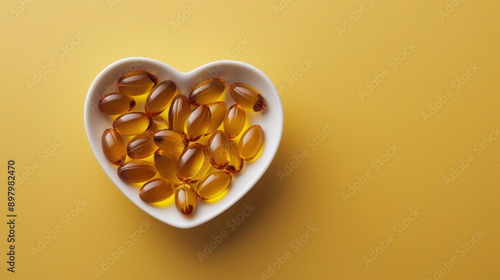 Heart-shaped bowl filled with glossy yellow capsules on a matching golden background, perfect for health and wellness themes. Heart-shaped bowl filled with glossy yellow capsules on a matching golden background, perfect for health and wellness themes.