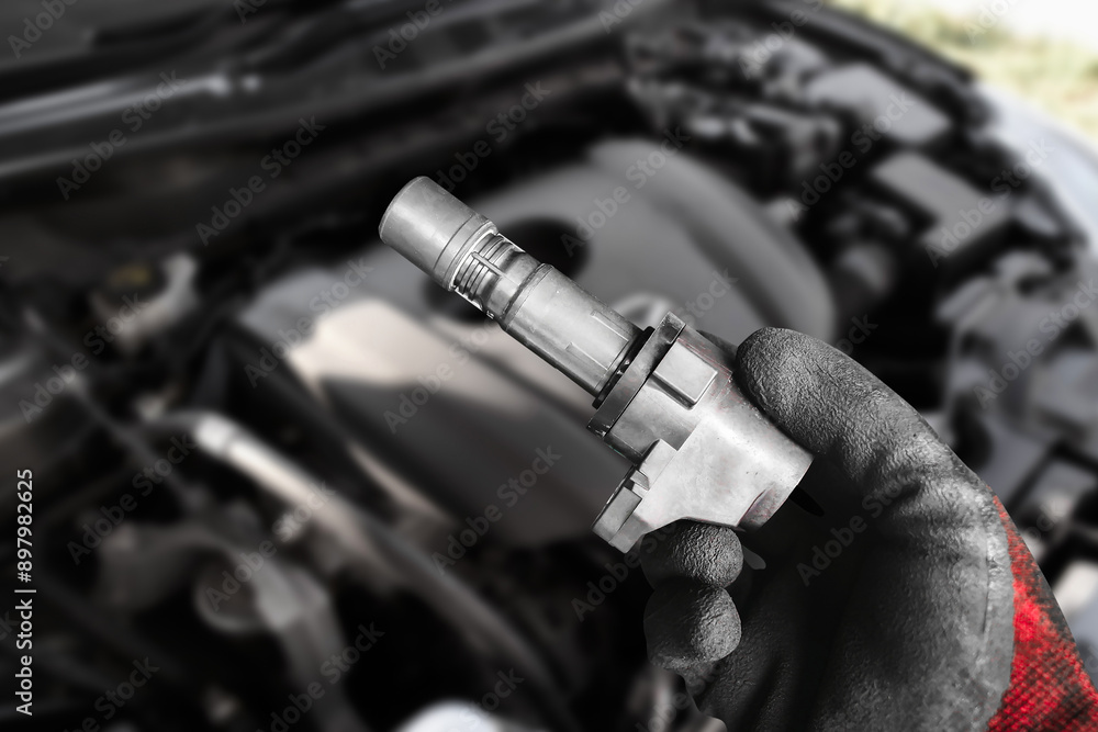 A mechanic hand holds an ignition coil for a spark plug of a car engine , Automotive parts concept