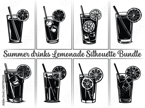 Lemonade silhouette bundle. Lemon juice clipart illustration featuring silhouettes of citrus fruits, including orange, lime, and lemon, as well as summer drinks like lemonade. Perfect drinks for refre