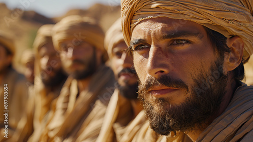 A close-up portrait of a man in traditional attire, surrounded by others, showcasing determination and cultural heritage.