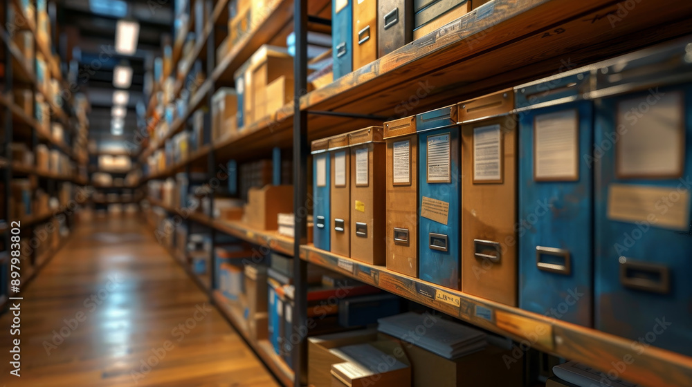 A detailed view of organized shelves filled with labeled archive boxes in a modern storage facility. A detailed view of organized shelves filled with labeled archive boxes in a modern storage facility.