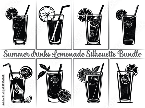 Lemonade silhouette bundle. Lemon juice clipart illustration featuring silhouettes of citrus fruits, including orange, lime, and lemon, as well as summer drinks like lemonade. Perfect drinks for refre