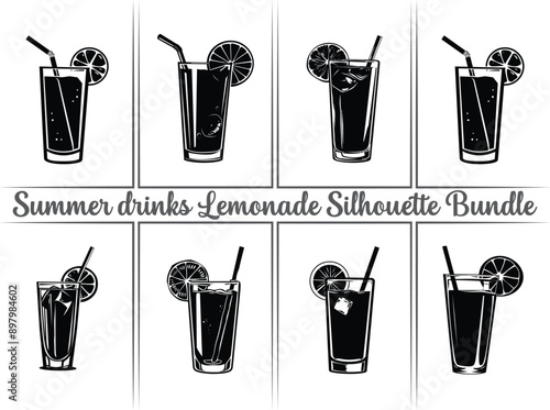 Lemonade silhouette bundle. Lemon juice clipart illustration featuring silhouettes of citrus fruits, including orange, lime, and lemon, as well as summer drinks like lemonade. Perfect drinks for refre