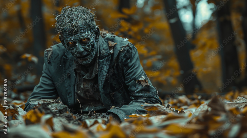 Eerie scene of a zombie crawling through autumn leaves, showcasing details of decay and horror in a mysterious forest setting. Eerie scene of a zombie crawling through autumn leaves, showcasing details of decay and horror in a mysterious forest setting.