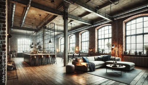 Modern Loft Apartment Interior Design with Exposed Brick Walls and Large Windows.