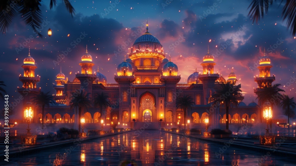 Fototapeta premium Majestic illuminated palace at dusk - generative ai