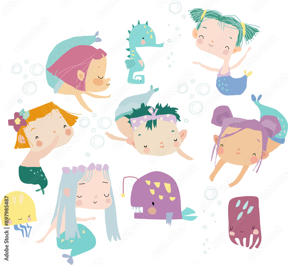 Mermaid girls vector illustration. Cute cartoon set with little mermaids. Under the sea Mermaid girls vector illustration. Cute cartoon set with little mermaids. Under the sea